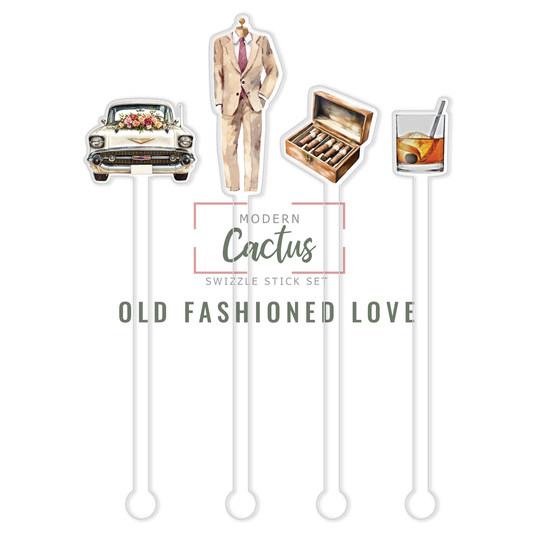 Old Fashioned Love acrylic swizzle stick design displayed as a digital mockup
