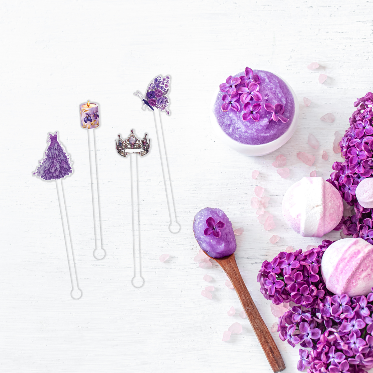 Purple Reign swizzle stick set styled for a Quinceañera celebration