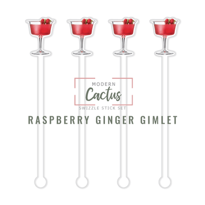 Raspberry Ginger Gimlet swizzle stick set digital mockup UV printed drink stirrers design preview.