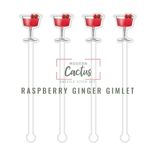 Raspberry Ginger Gimlet swizzle stick set digital mockup UV printed drink stirrers design preview.