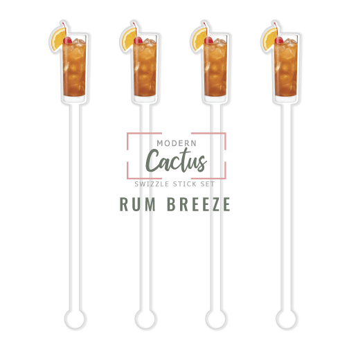 Rum Breeze swizzle stick set digital mockup UV printed drink stirrers design preview.