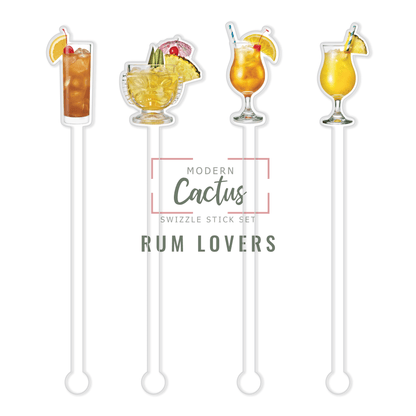 Rum Lovers swizzle stick set digital mockup UV printed drink stirrers design preview.