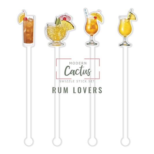 Rum Lovers swizzle stick set digital mockup UV printed drink stirrers design preview.