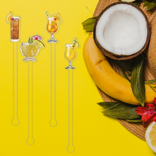 Rum Lovers swizzle stick set in styled cocktail drink on home bar or entertaining setup.