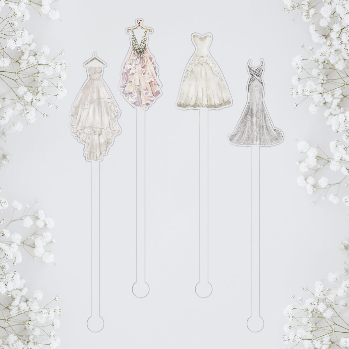 Say Yes To The Dress swizzle stick set styled for a bridal shower celebration