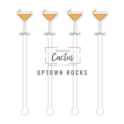 Uptown Rocks swizzle stick set digital mockup UV printed drink stirrers design preview.