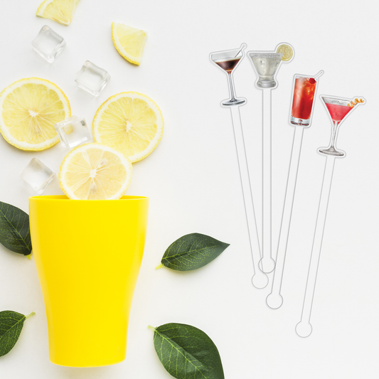 Vodka lovers swizzle stick set in styled cocktail drink on home bar or entertaining setup.