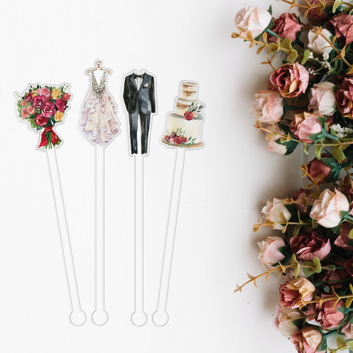 Wedding Wishes swizzle stick set styled for a wedding celebration