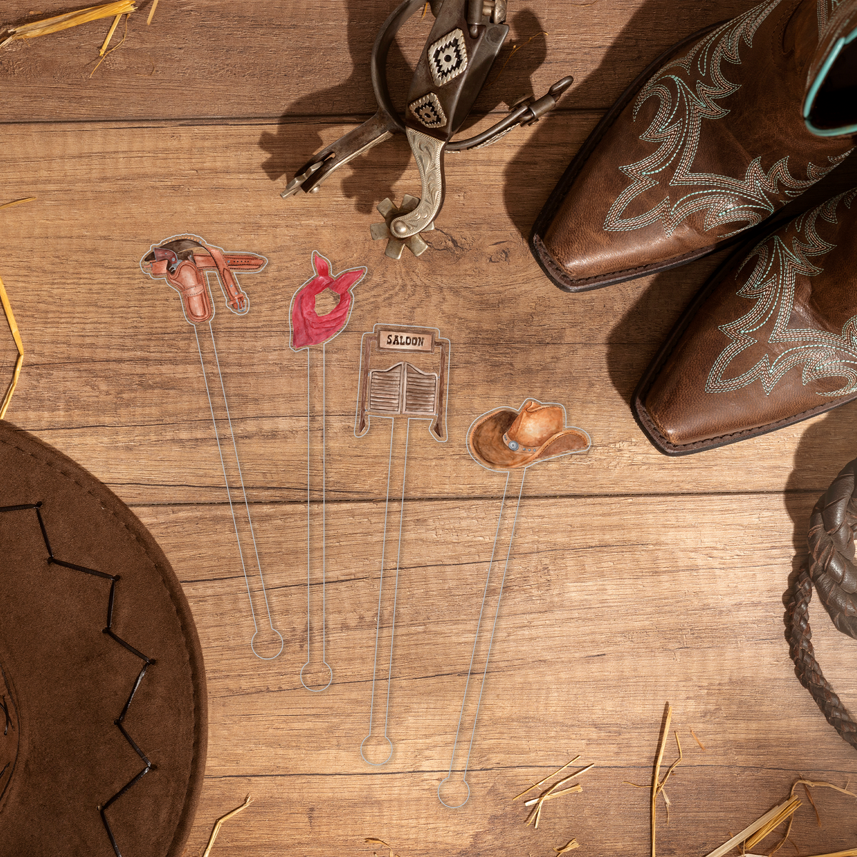 Welcome To The Wild West swizzle stick set styled for a kids birthday celebration