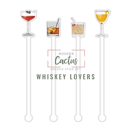Whiskey Lovers swizzle stick set digital mockup UV printed drink stirrers design preview.