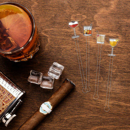 Whiskey Lovers swizzle stick set in styled cocktail drink on home bar or entertaining setup.